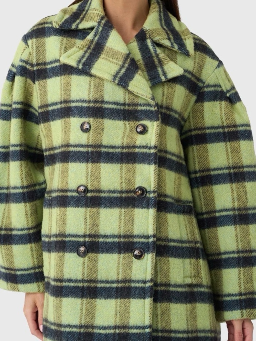 LOFT Green Plaid Double-Breasted Wool Coat